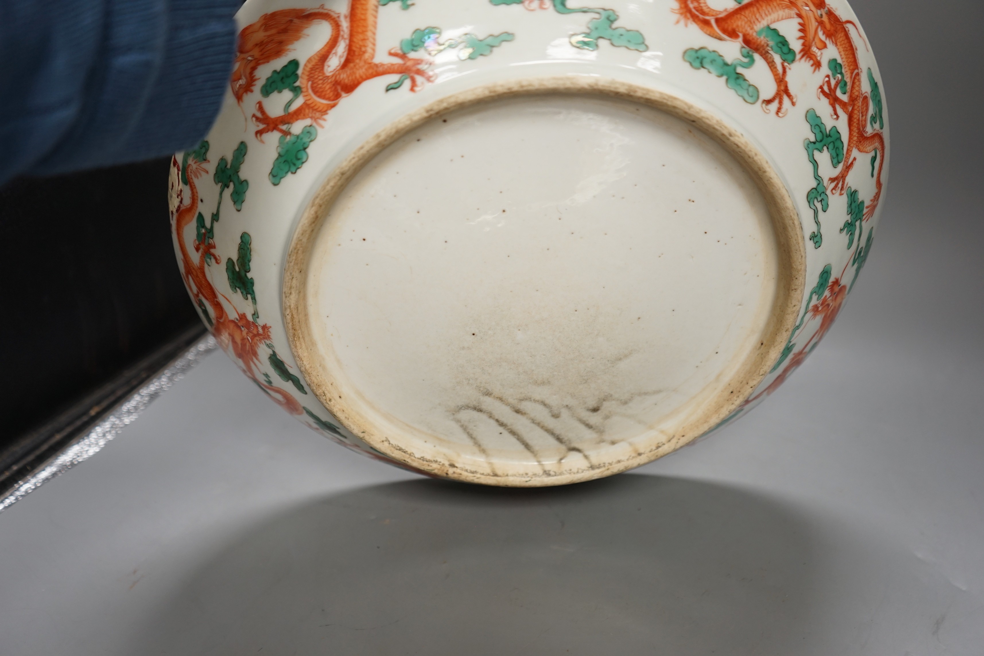 A large 19th century Chinese famille verte peony and dragon dish, 38.5cms diameter